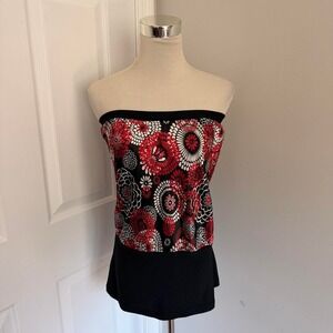 Y2K BLACK AND RED KIWI FLORAL PRINT BANDEAU TUBE TOP
